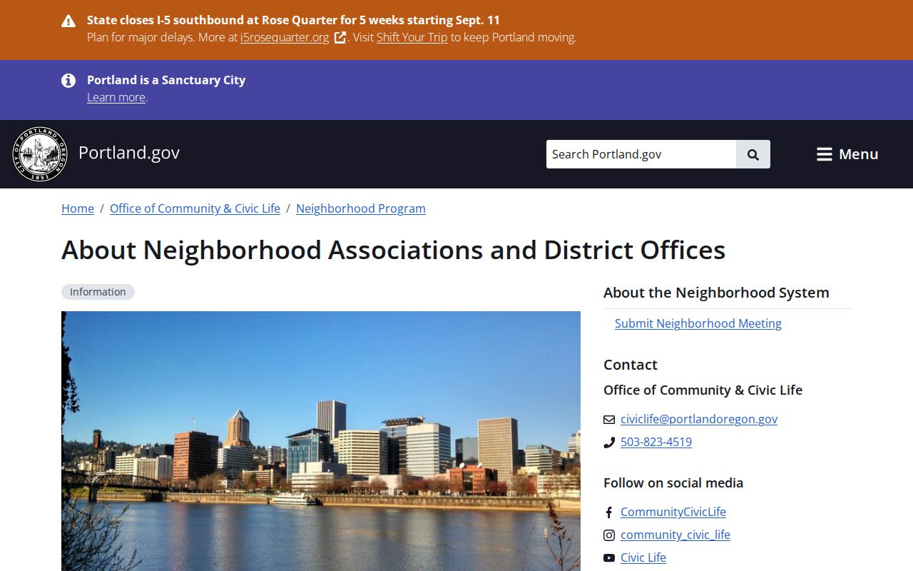 Oregon neighbors resource showing Portland's 94 associations and four district offices