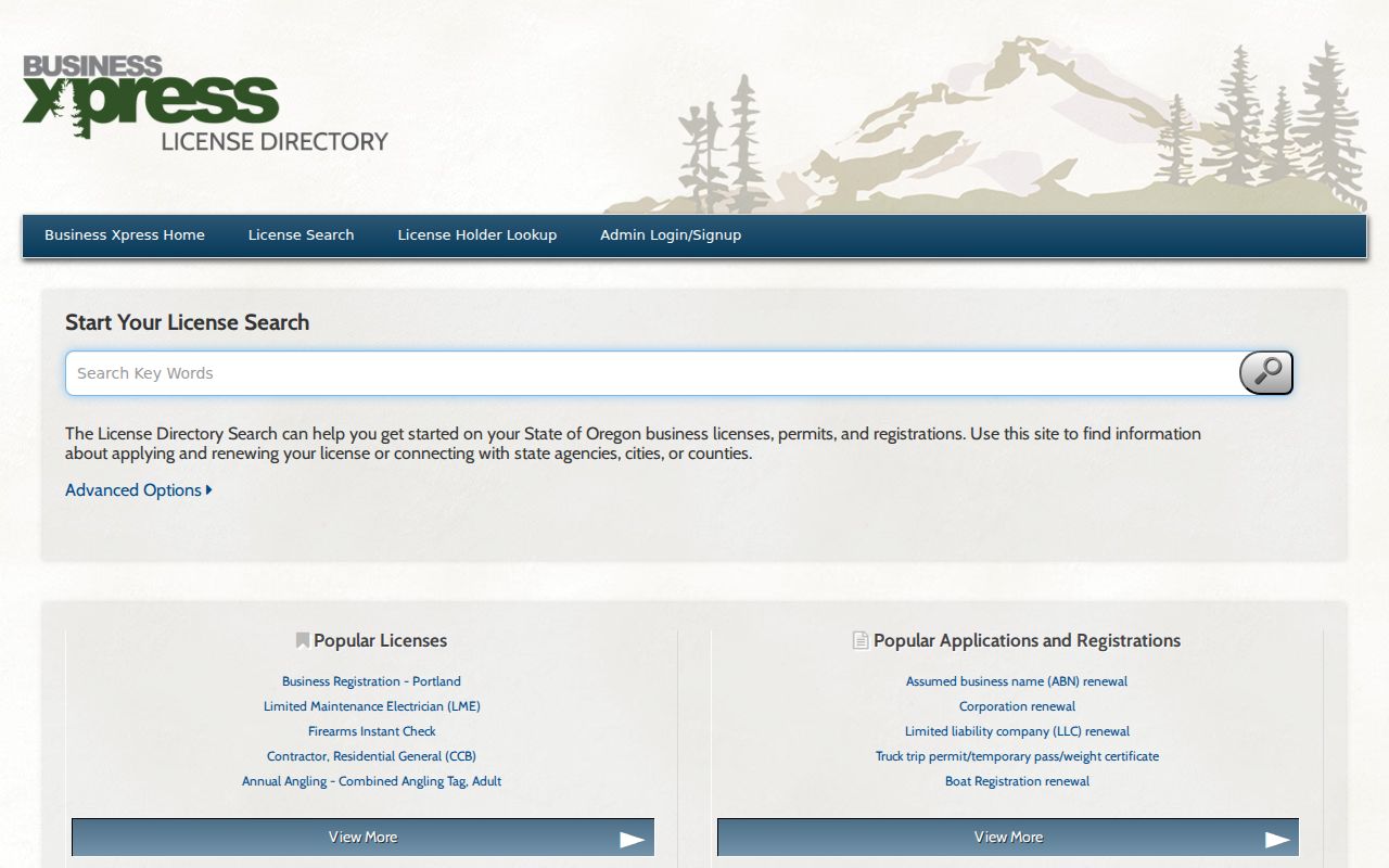 Oregon resident lookup example of Business Xpress license directory search filters