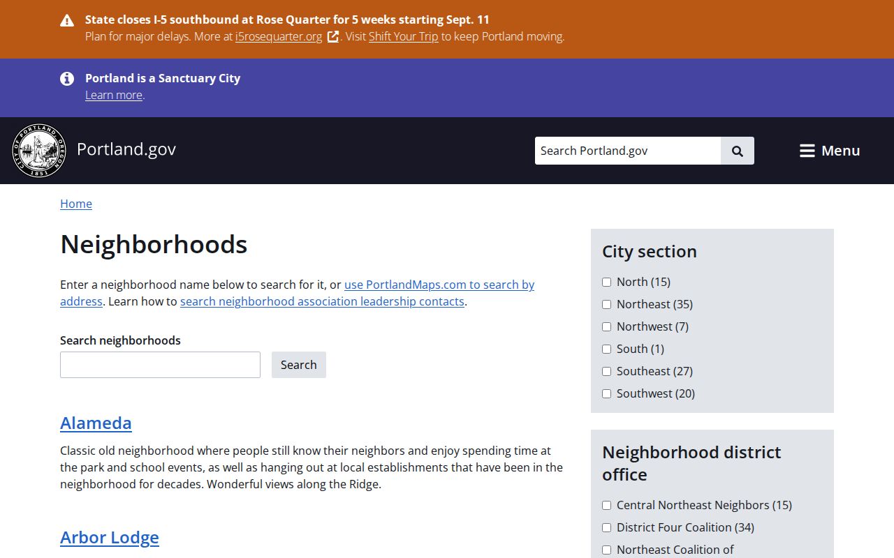 Oregon neighbors resource showing Portland's official neighborhood directory search