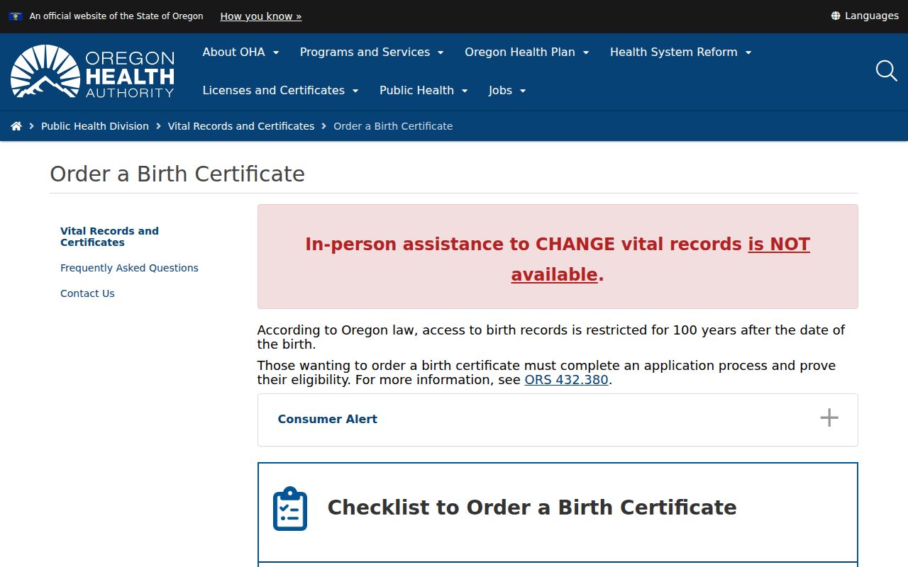 Oregon resident lookup: OHA birth certificate order eligibility and steps